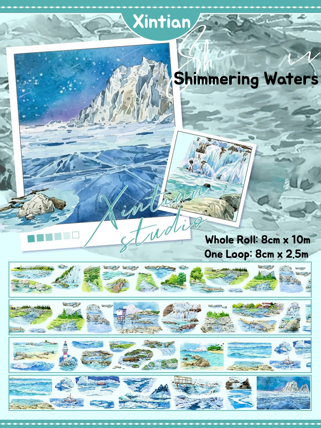Delicate XINTIAN Scenery Series PET washi tape showcasing serene seaside towns and lush valleys in watercolor style.