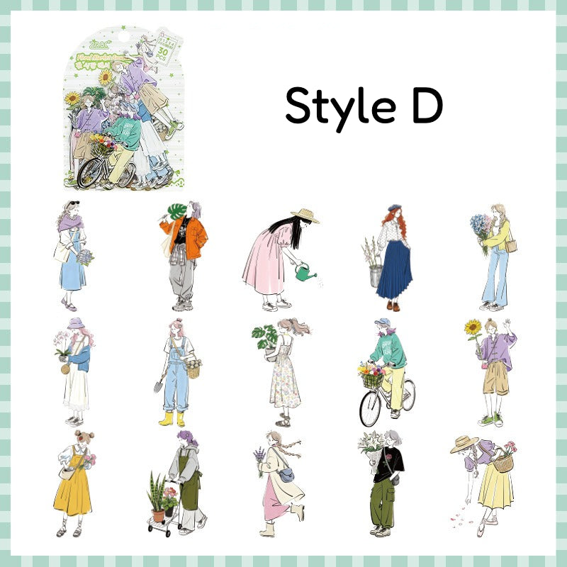 Style D soft girl fashion sticker sheet with gentle fashion figures, bicycle detail, and casual poses