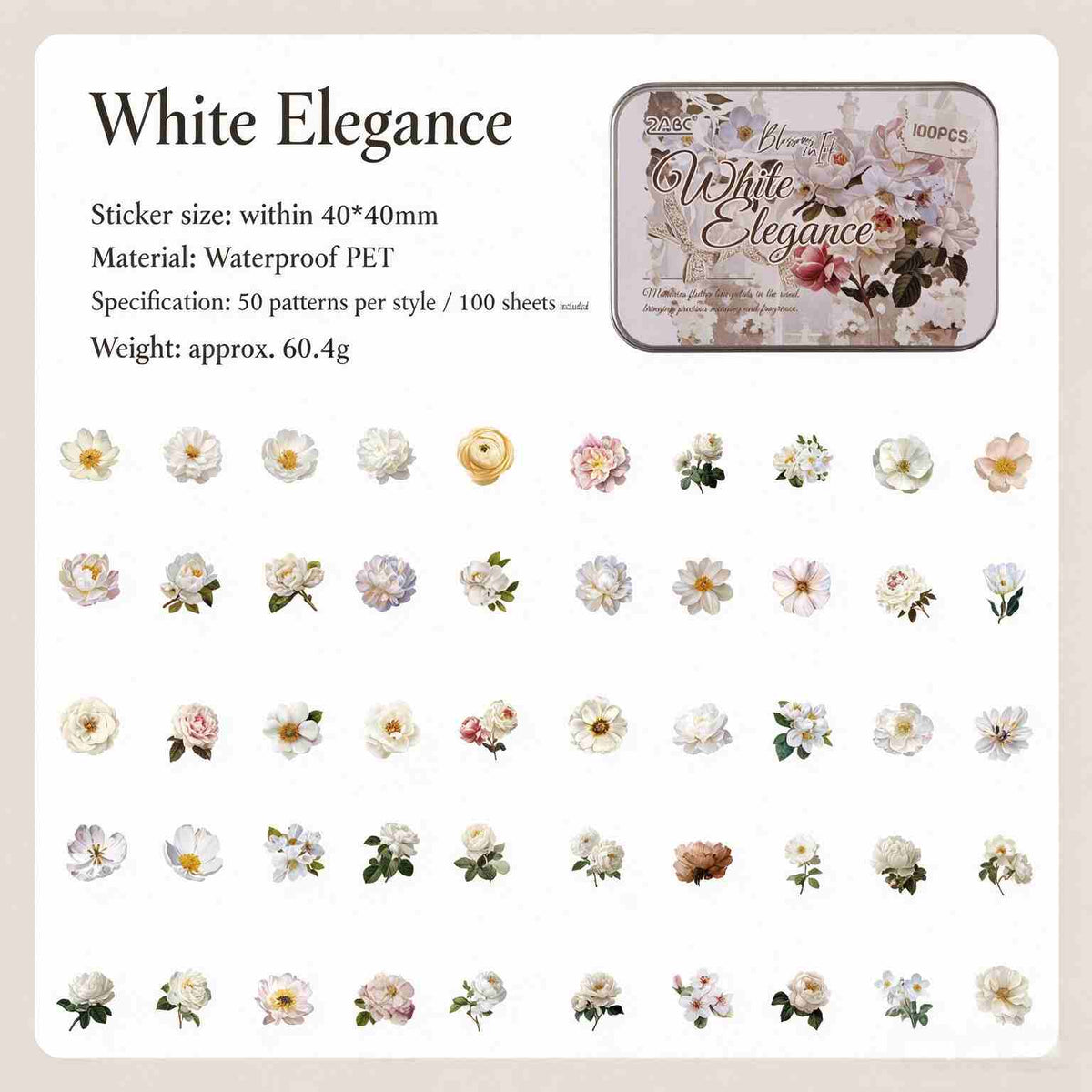 White Elegance style: 50 white and cream flower sticker designs