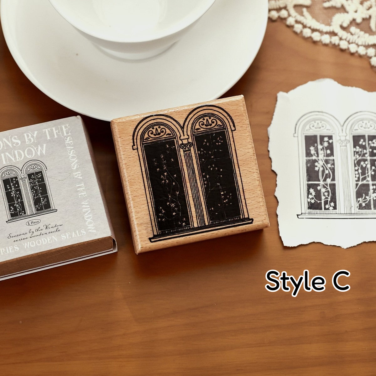 Wooden stamp set with seasonal window frame designs