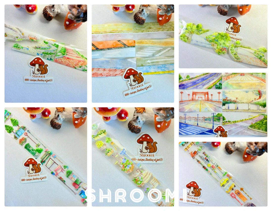 Urban Road and Decor Collection Vol.1 - 7 Styles (Street/Traffic/Decor) Urban Road and Decor Collection Vol.1 – PET Tape Set for Journaling & City Scenery | Shroomi