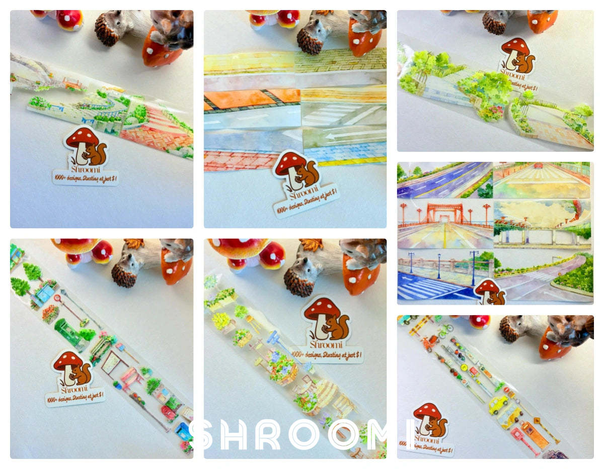 Urban Road and Decor Collection Vol.1 - 7 Styles (Street/Traffic/Decor) Urban Road and Decor Collection Vol.1 – PET Tape Set for Journaling & City Scenery | Shroomi