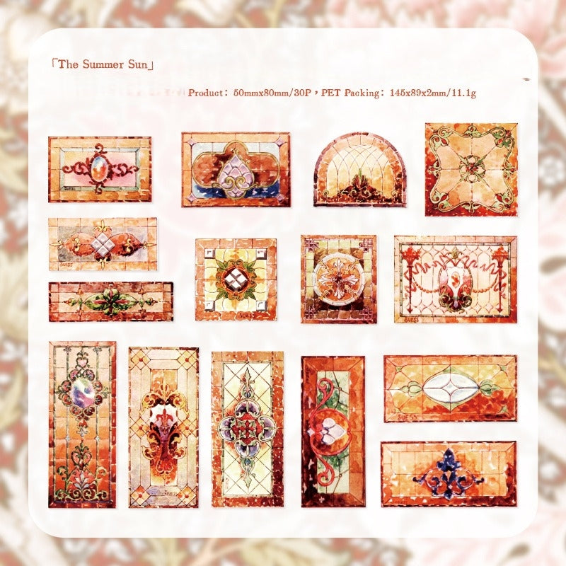 The Summer Sun stained glass sticker sheet with warm orange red window panels and ornate frames