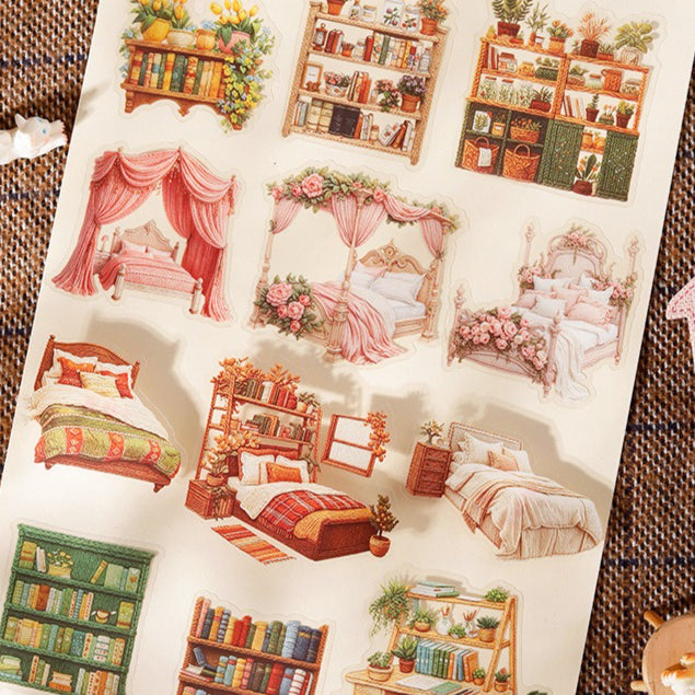 Cozy Embroidered Home sticker pack sheets with beds, shelves, windows, and room decor pieces