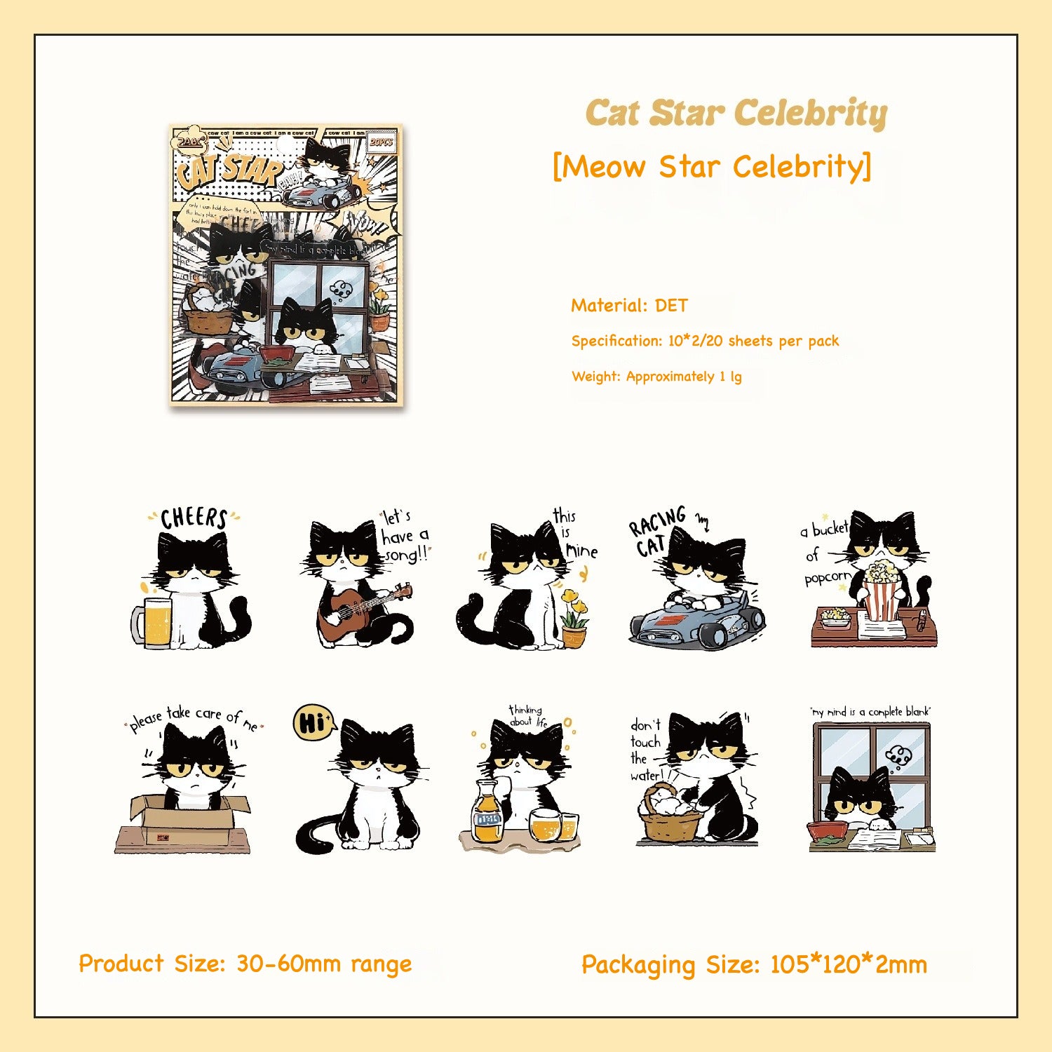 Comic style black and white cat sticker pack – Cat Star, Cool Cat, Cream Puff and Meow Master characters