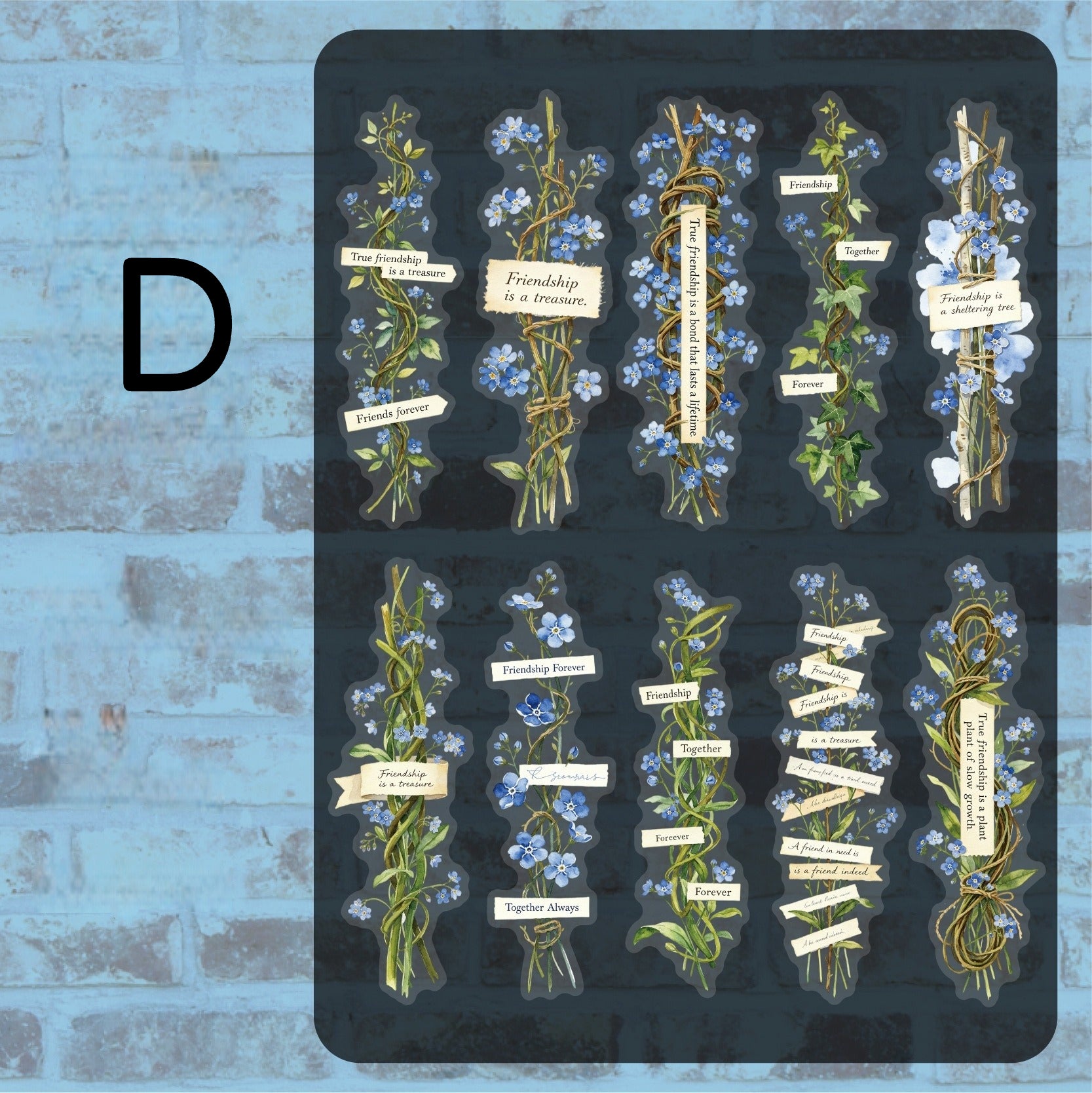 Style D vintage botanical flower sticker sheet with blue flowers and greenery labels