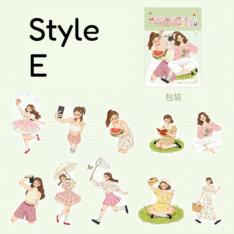 Mint-toned PET scene sticker pack with illustrated girls, house scenes, grass, flowers, blue skies, and summer details