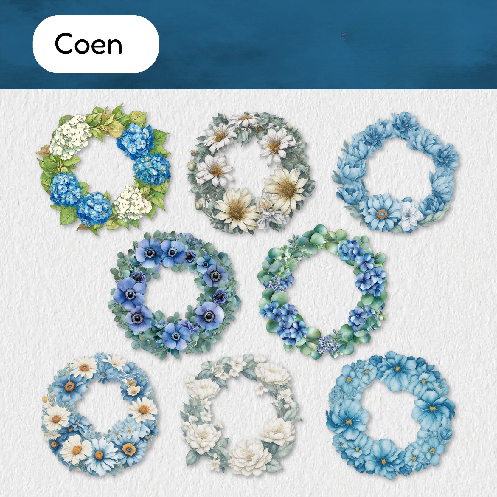 Coen style floral wreath sticker sheet with blue flowers, daisies, and cool botanical wreaths
