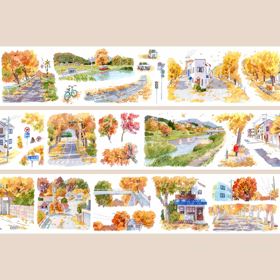 Die-cut washi tape featuring a golden ginkgo-lined street scene with houses and a canal