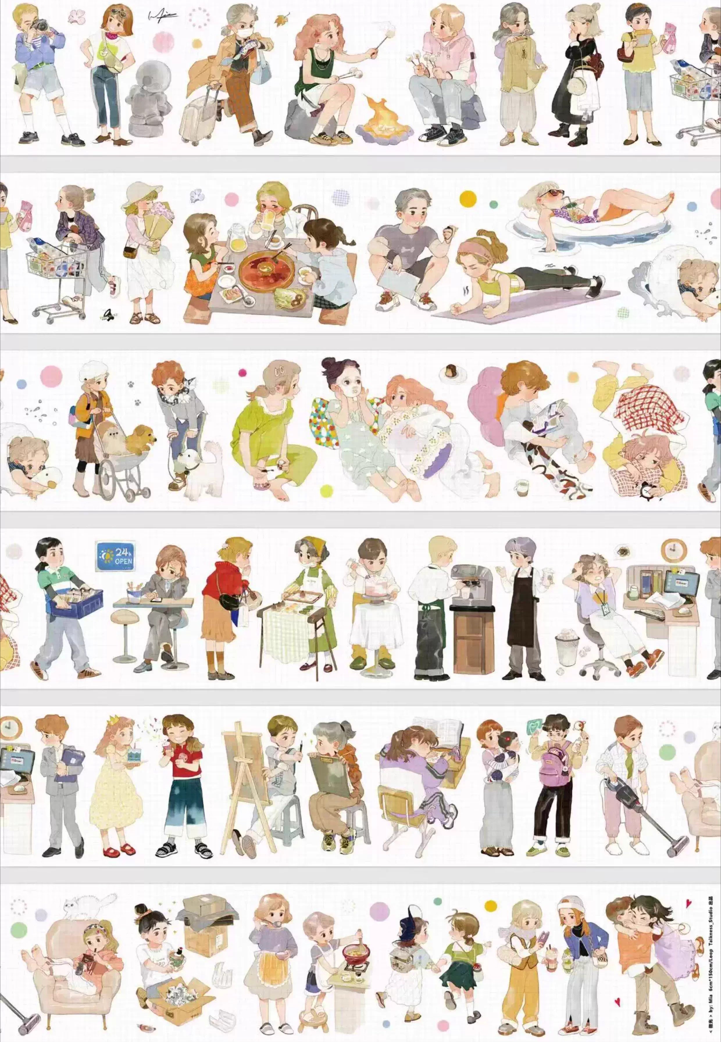 Shroomi Washi Tape: Cute daily life illustration loop: people, children, pets; traveling, camping, shopping, baking, working, relaxing. Kawaii style.