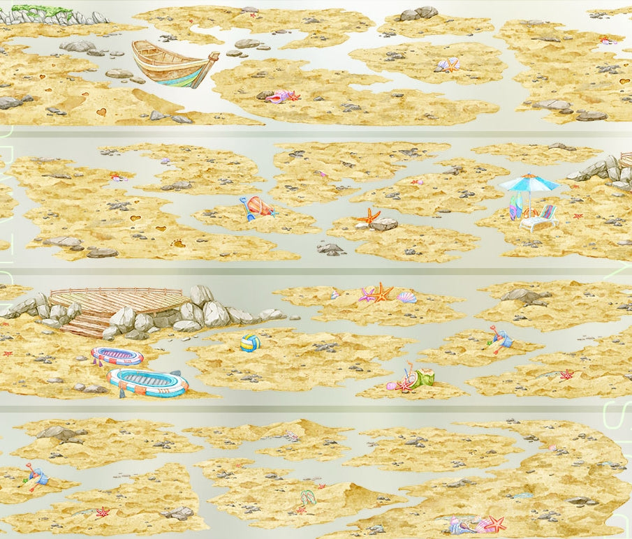 PET tape featuring a watercolor beach scene with sailboat, starfish, seashells, and beach chairs on sandy tide flats