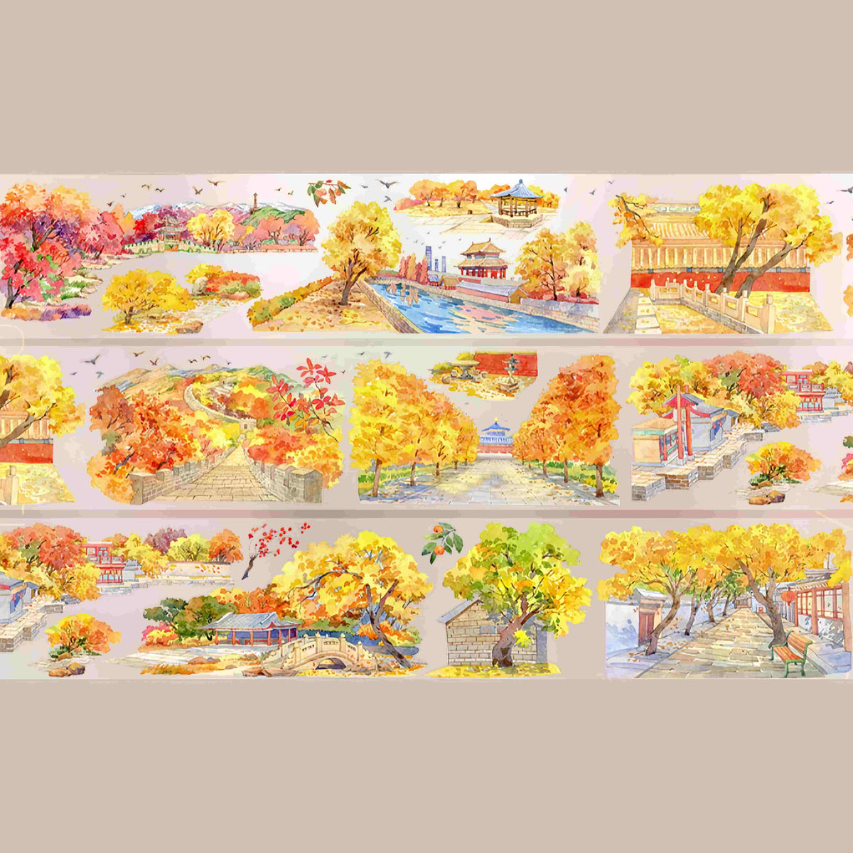 Design from the 10-piece Autumn Town & Garden Collection decorative tape, featuring an autumn townscape motif