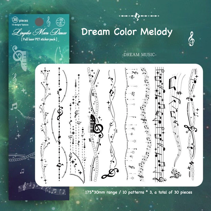Dark holographic lace border sticker strips with color-shifting glow effect for night aesthetic journaling
