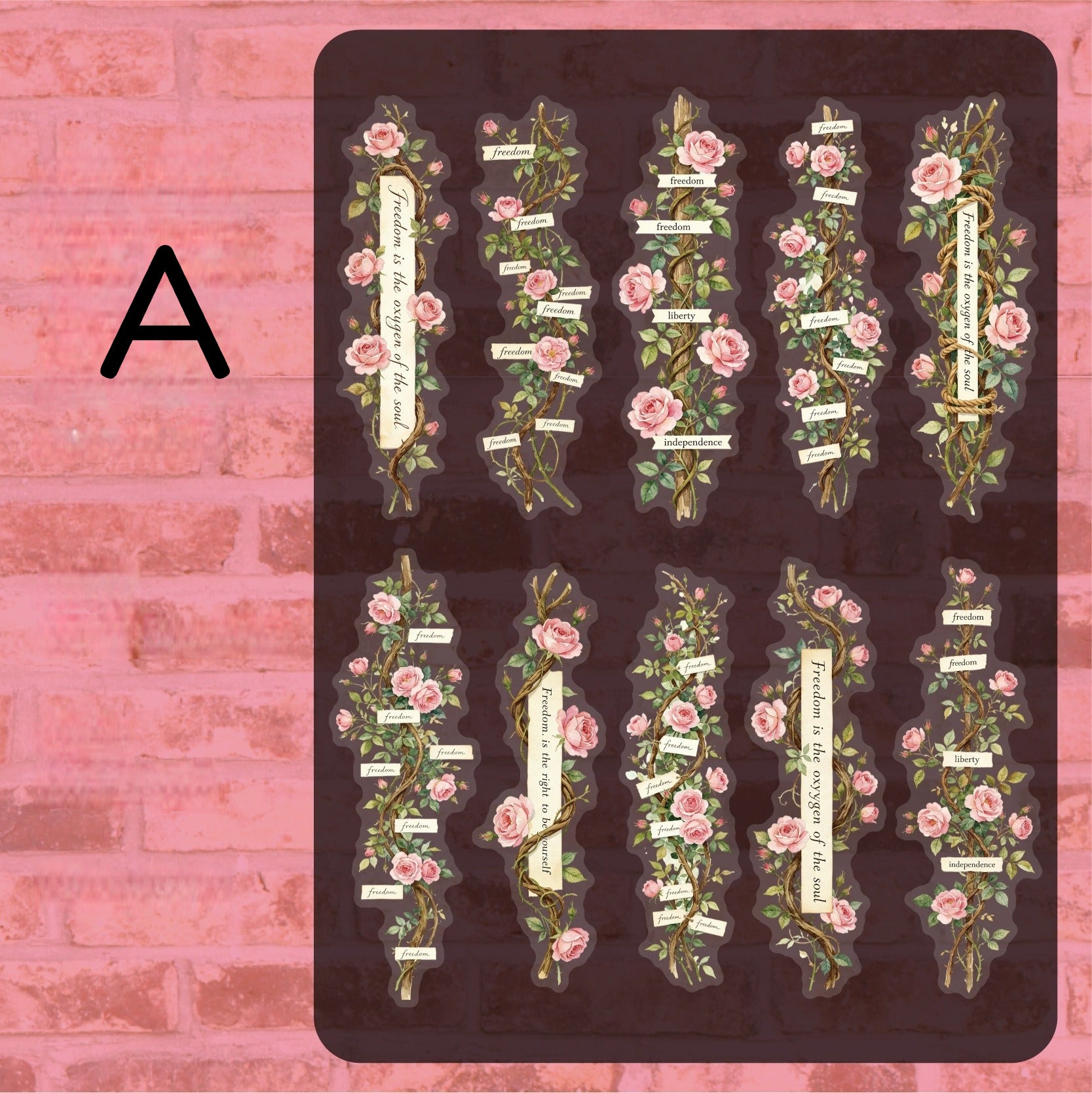 Style A vintage botanical flower sticker sheet with pink floral pieces and labels