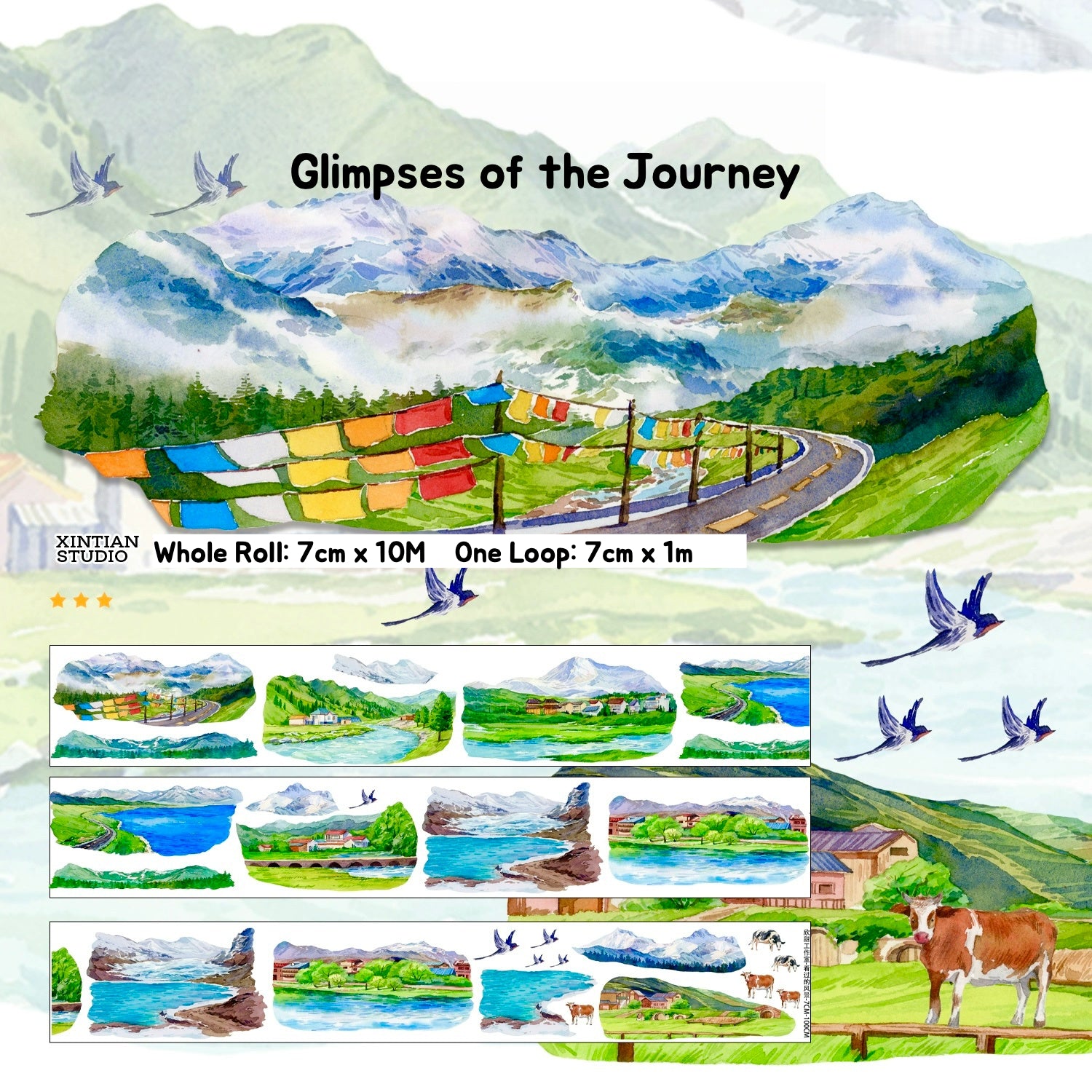 Delicate XINTIAN Scenery Series PET washi tape showcasing serene seaside towns and lush valleys in watercolor style.