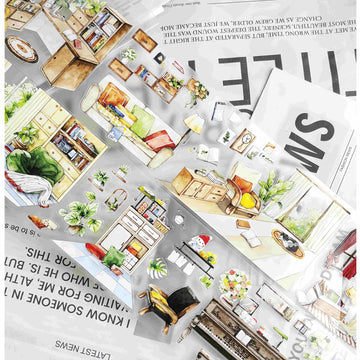 Die-Cut Study Corner PET Tape – cozy reading nook scenes with bookshelves, an armchair, and a newspaper prop