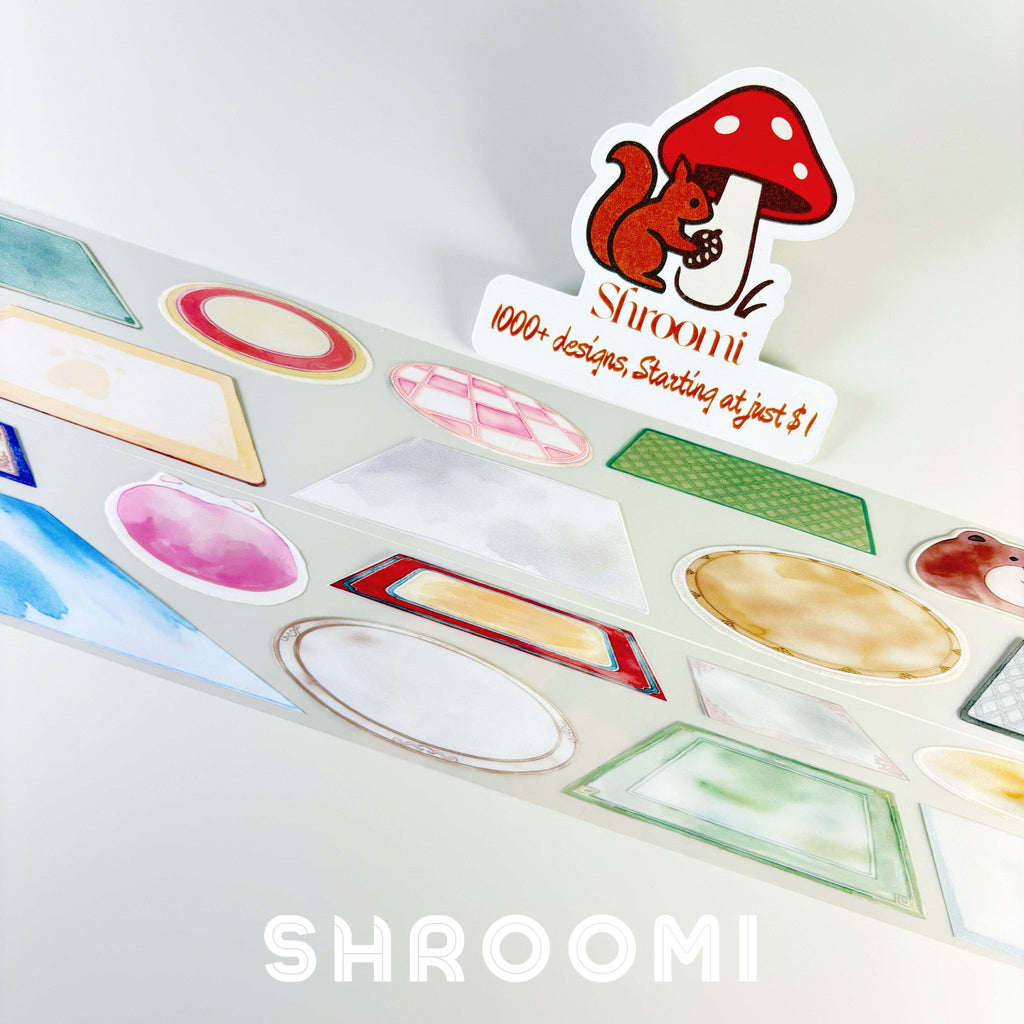 Shroomi modern carpets PET tape display with logo and artistic shapes