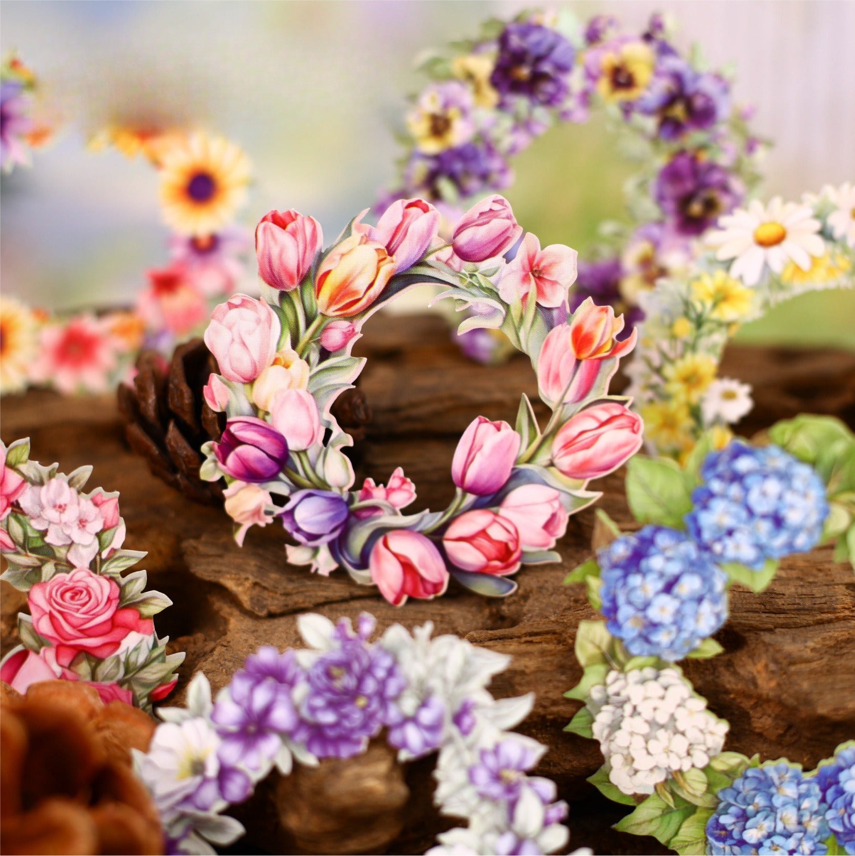 Vintage Floral Wreath Cardstock Sticker Pack with pink, purple, blue, and yellow flower wreath pieces