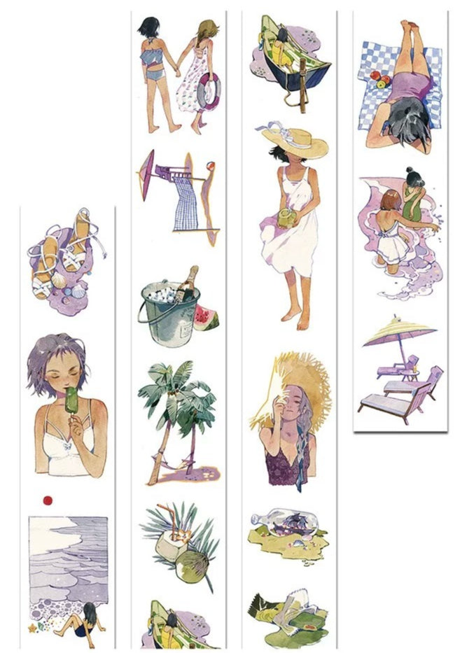 Summer coastal girls watercolor PET tape showing elegant fashion illustrations of women at the beach with sun hats and tropical props