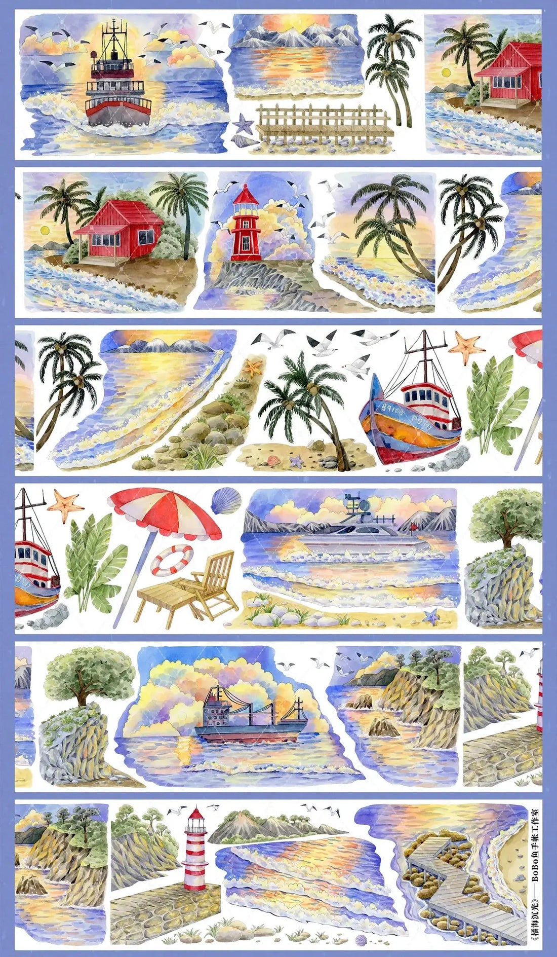 Twilight Seaside PET tape with sunset ocean, lighthouse, boats, and palm trees