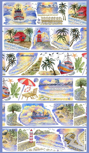 Twilight Seaside PET tape with sunset ocean, lighthouse, boats, and palm trees