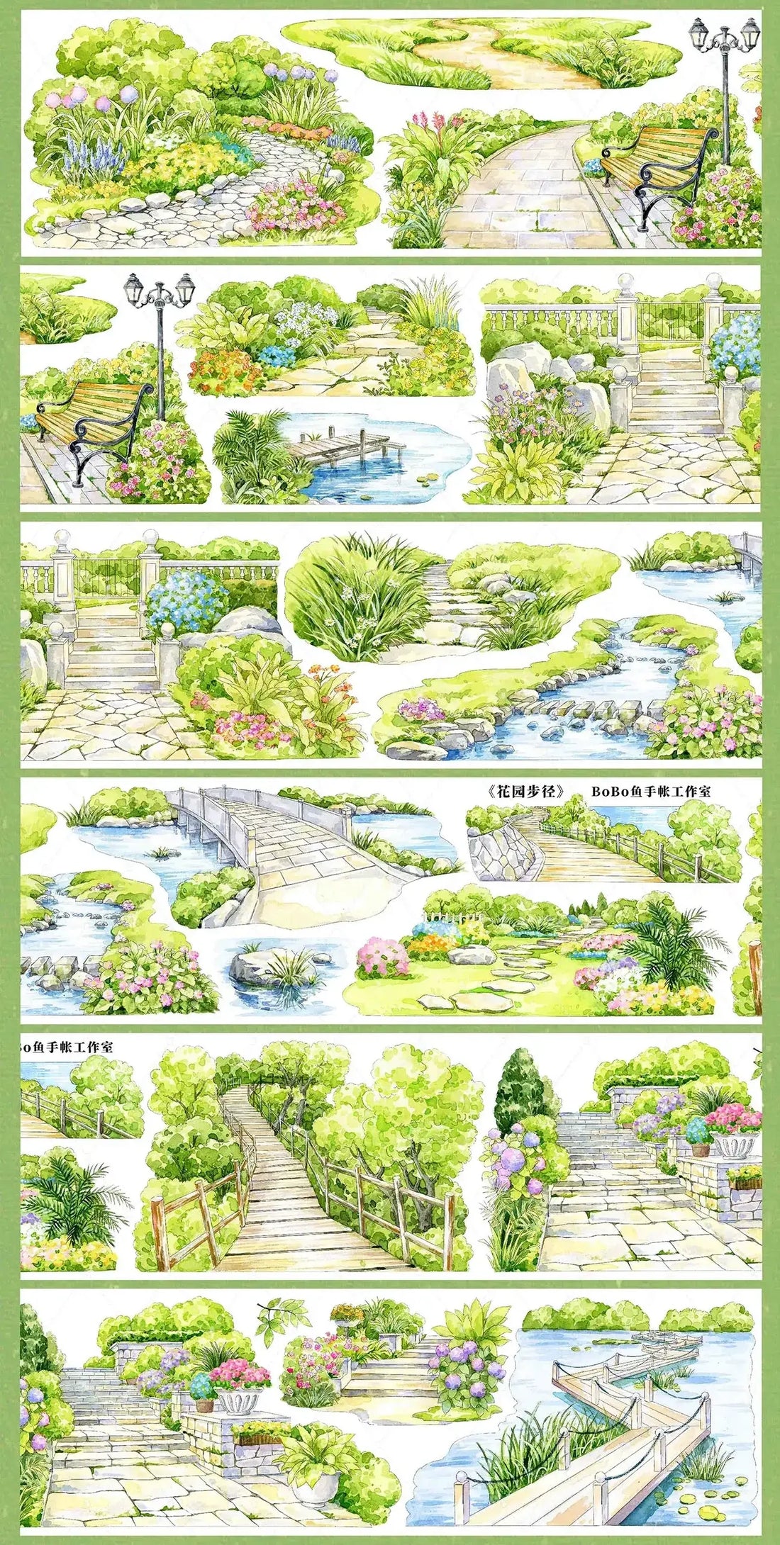 Garden Path PET tape with lush paths, bridges, flowers, ponds, and stone steps