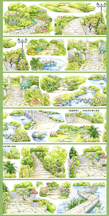 Garden Path PET tape with lush paths, bridges, flowers, ponds, and stone steps