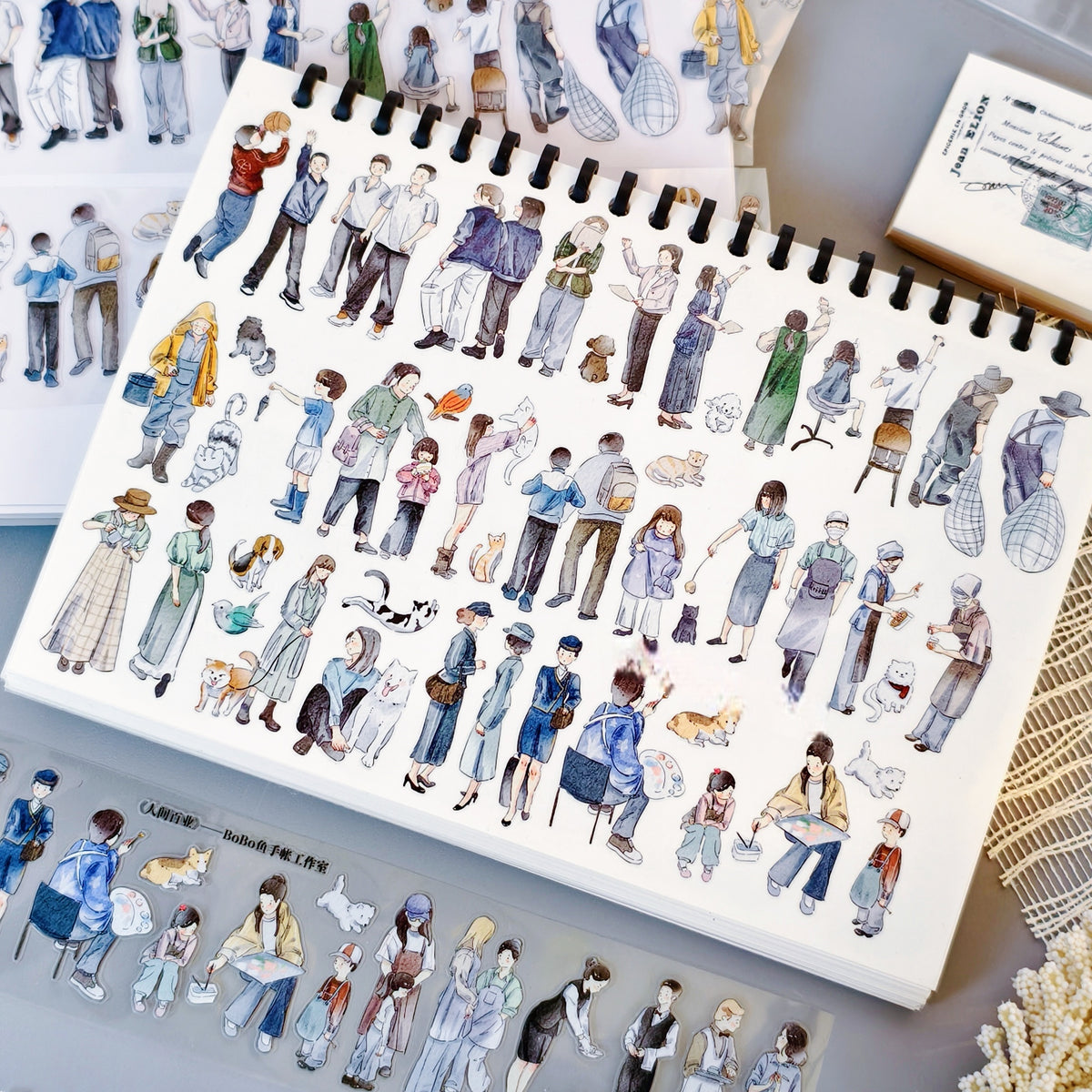 Journaling stickers featuring watercolor illustrations of people, cats, and dogs | Shroomi