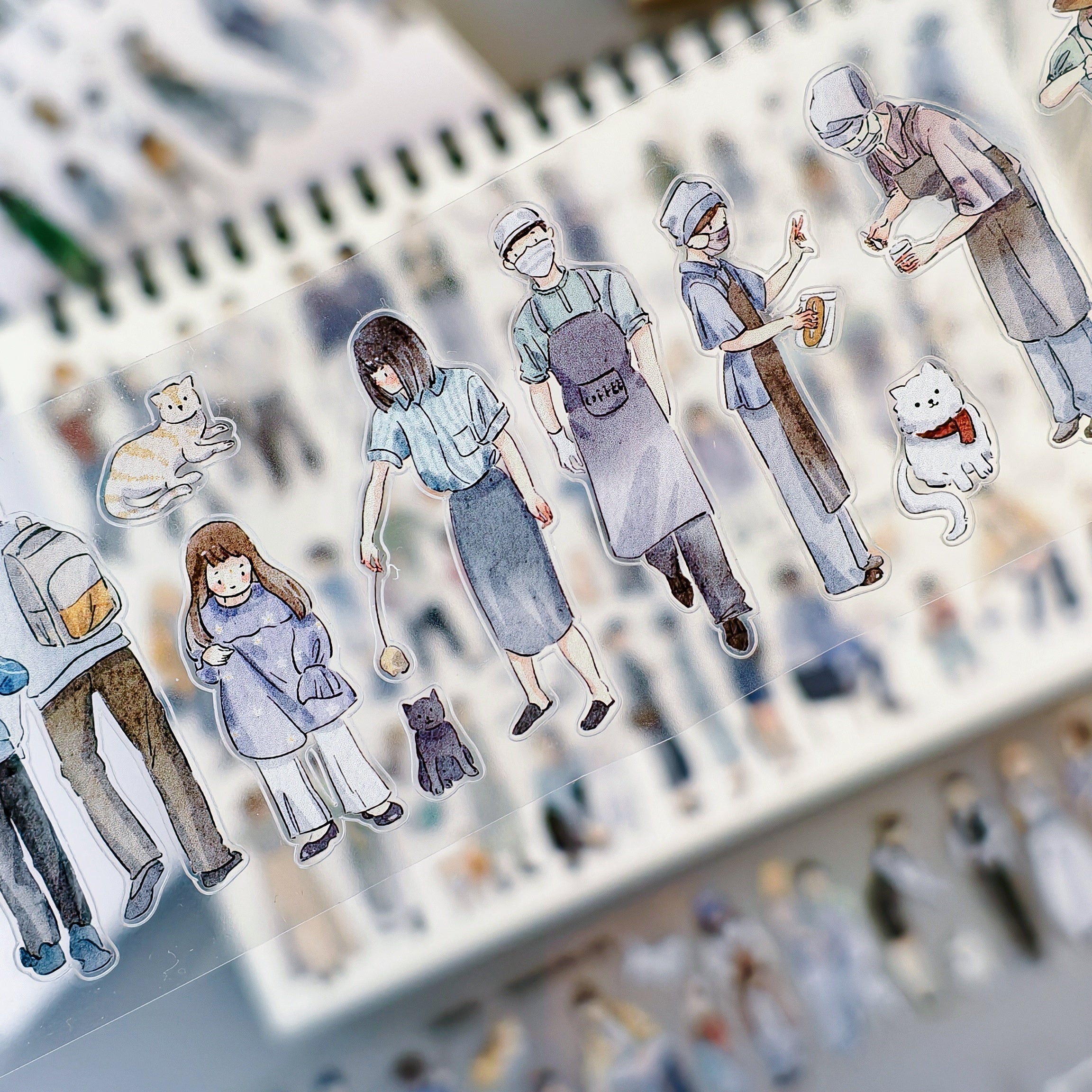 Decorative tape with hand-drawn illustrations of people in medical attire and cute cats | Shroomi