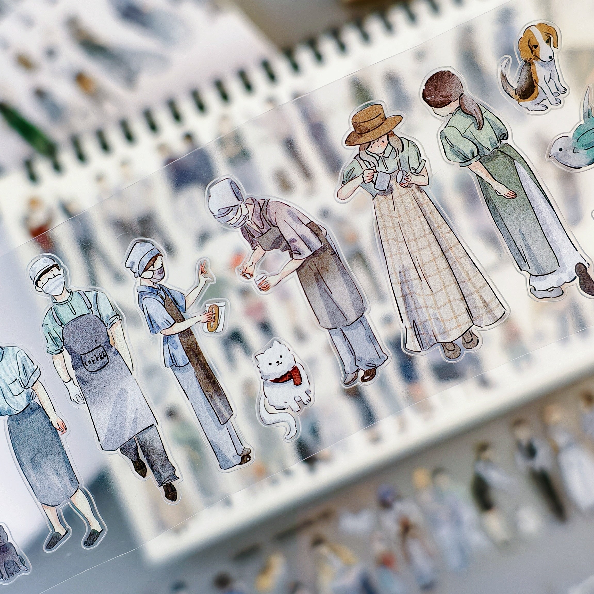 Decorative tape with hand-drawn illustrations of people working in coffee shops, animals, and birds | Shroomi