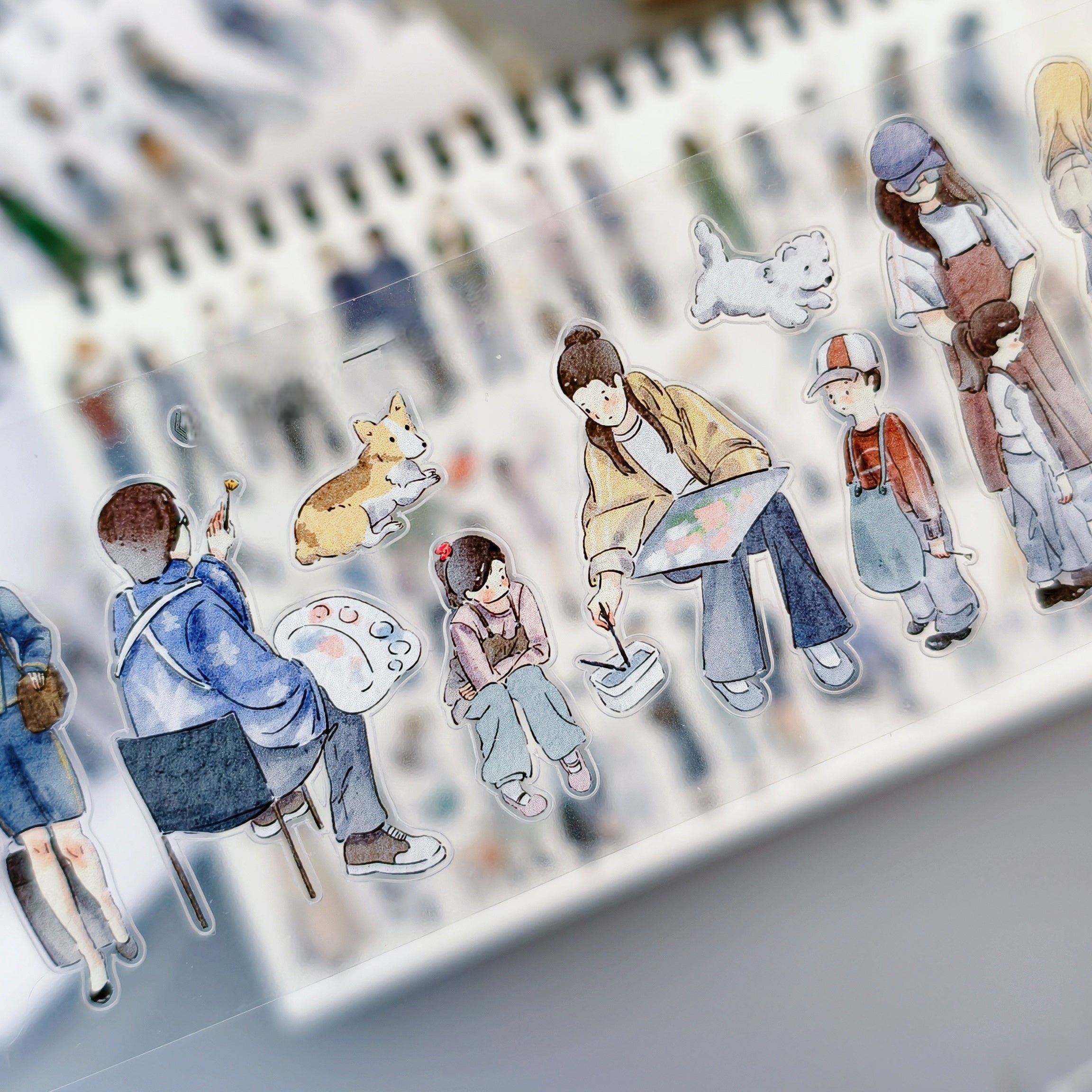 Clear decorative tape with watercolor illustrations of people, dogs, and art supplies | Shroomi