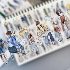 Clear decorative tape with watercolor illustrations of people, dogs, and art supplies | Shroomi