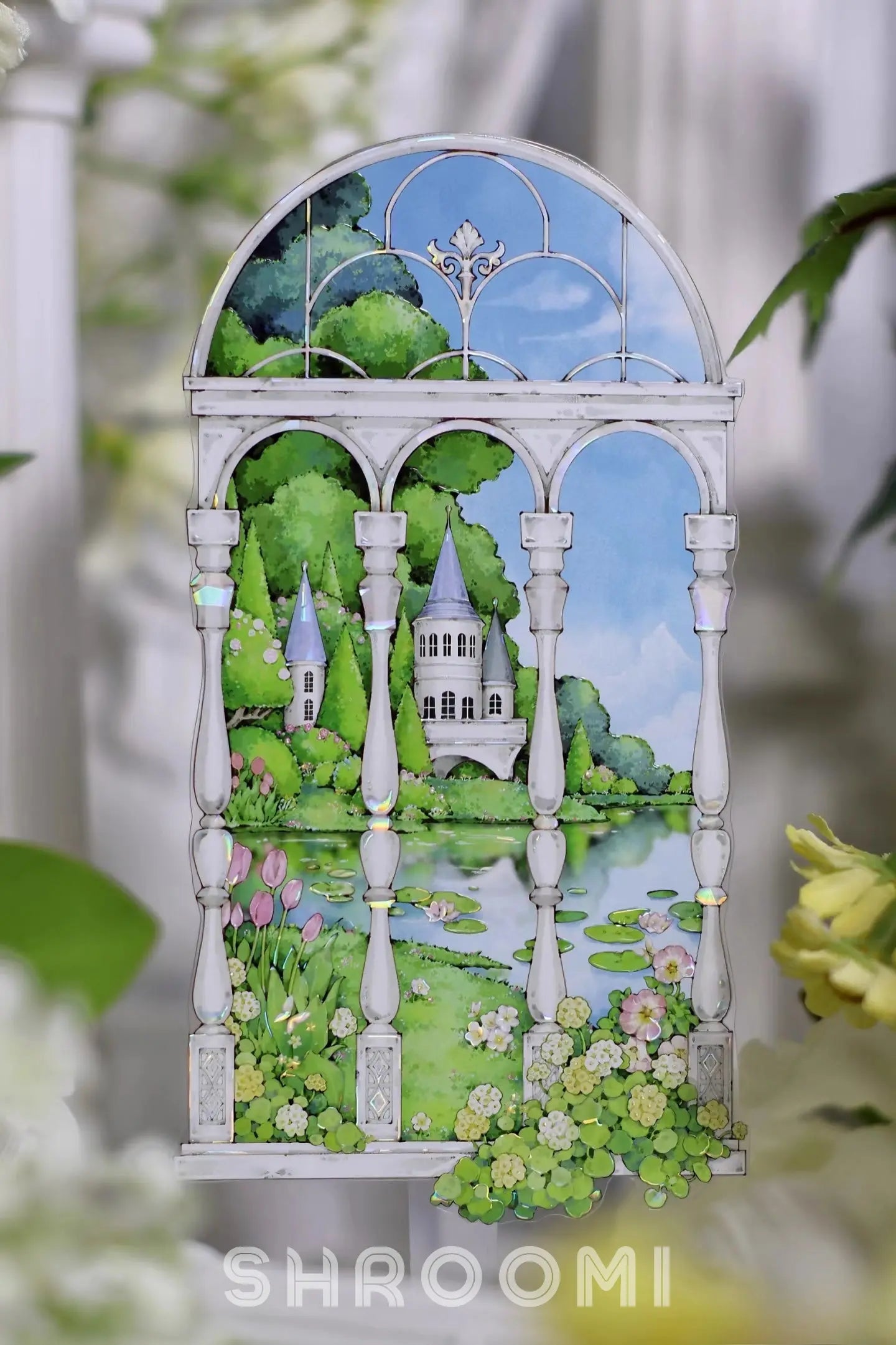 Elegant Castle Garden Window PET Tape featuring arched windows revealing lush gardens, sparkling ponds, and fairytale towers.