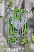 Enchanting Castle Garden Window PET Tape featuring arched windows revealing lush gardens, sparkling ponds, and fairytale towers.