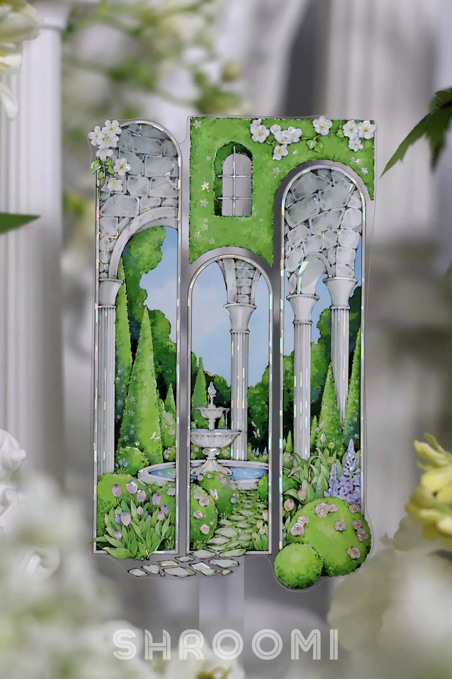 Enchanting Castle Garden Window PET Tape featuring arched windows revealing lush gardens, sparkling ponds, and fairytale towers.