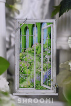 Elegant Castle Garden Window PET Tape featuring arched windows revealing magical gardens, blooming flowers, and fairytale towers.