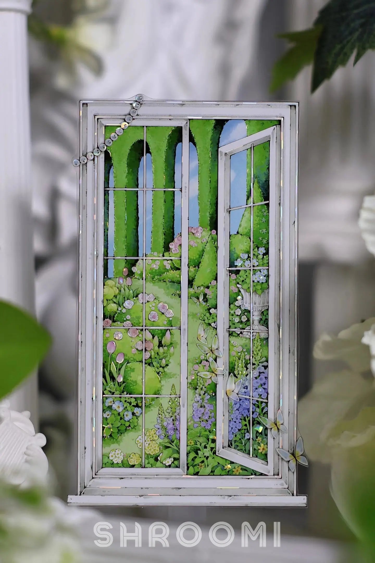 Elegant Castle Garden Window PET Tape featuring arched windows revealing magical gardens, blooming flowers, and fairytale towers.