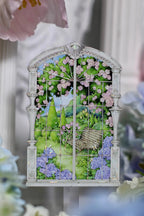 Elegant Castle Garden Window PET Tape displaying arched windows with views of lush gardens, sparkling ponds, and fairytale towers.