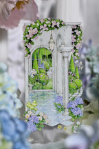 Elegant Castle Garden Window PET Tape displaying arched windows with views of lush gardens, sparkling ponds, and fairytale towers.