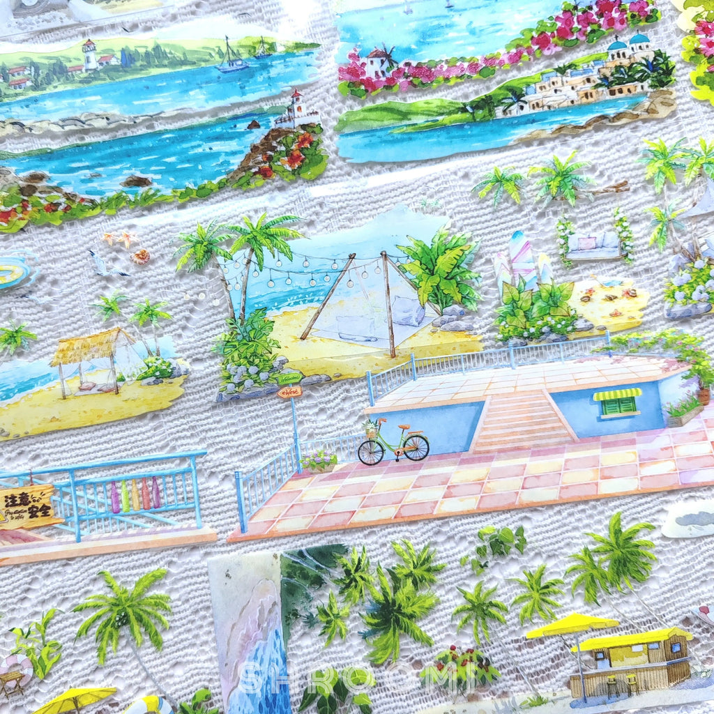 Scenic Coastal Observation Deck PET Tape showcasing seaside decks, tropical plants, and pastel ocean views on a transparent roll.