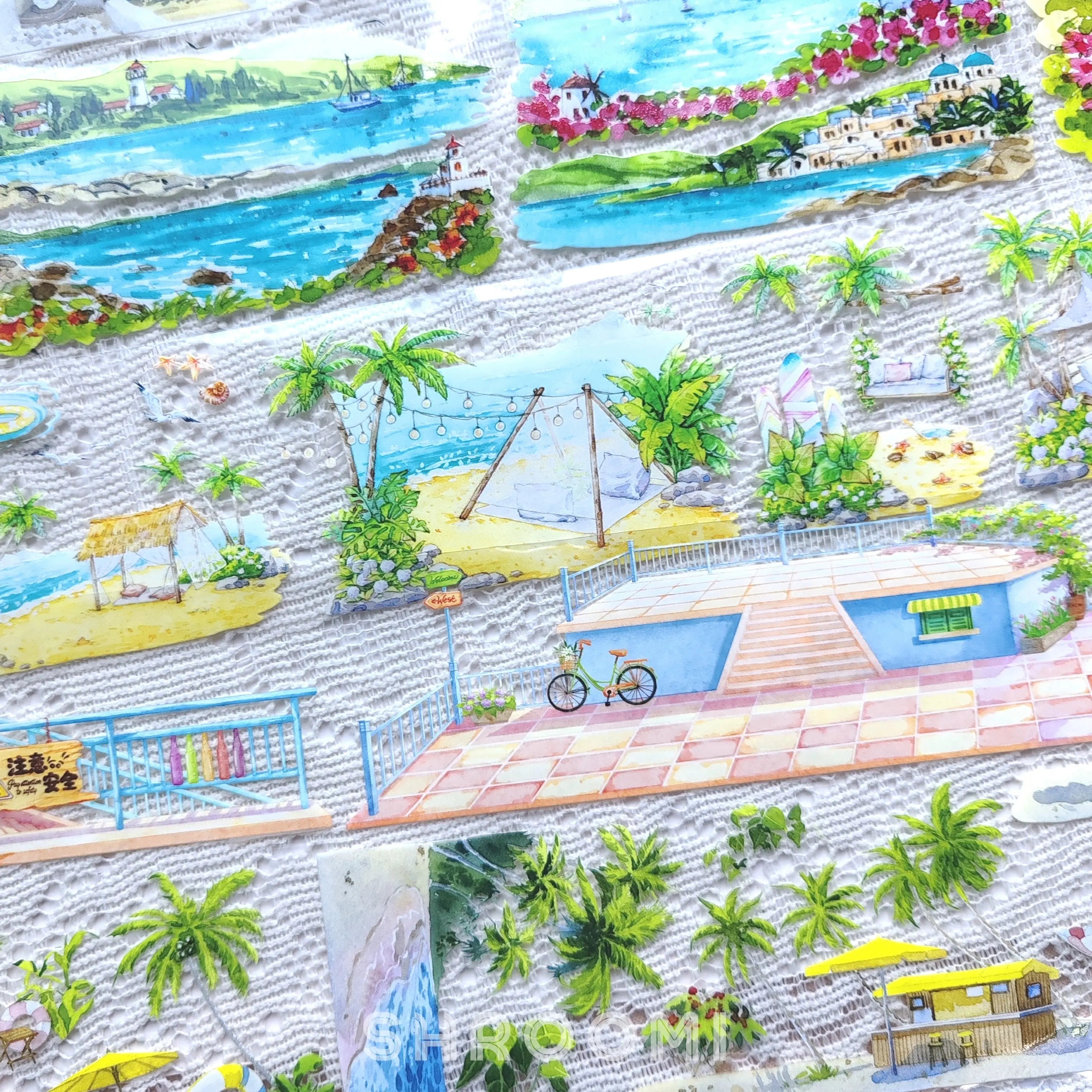 Scenic Coastal Observation Deck PET Tape showcasing seaside decks, tropical plants, and pastel ocean views on a transparent roll.