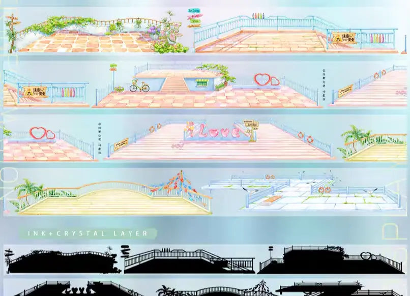 Coastal Observation Deck PET Tape showcasing breezy seaside decks, tropical plants, and neon signs in soft pastel hues.