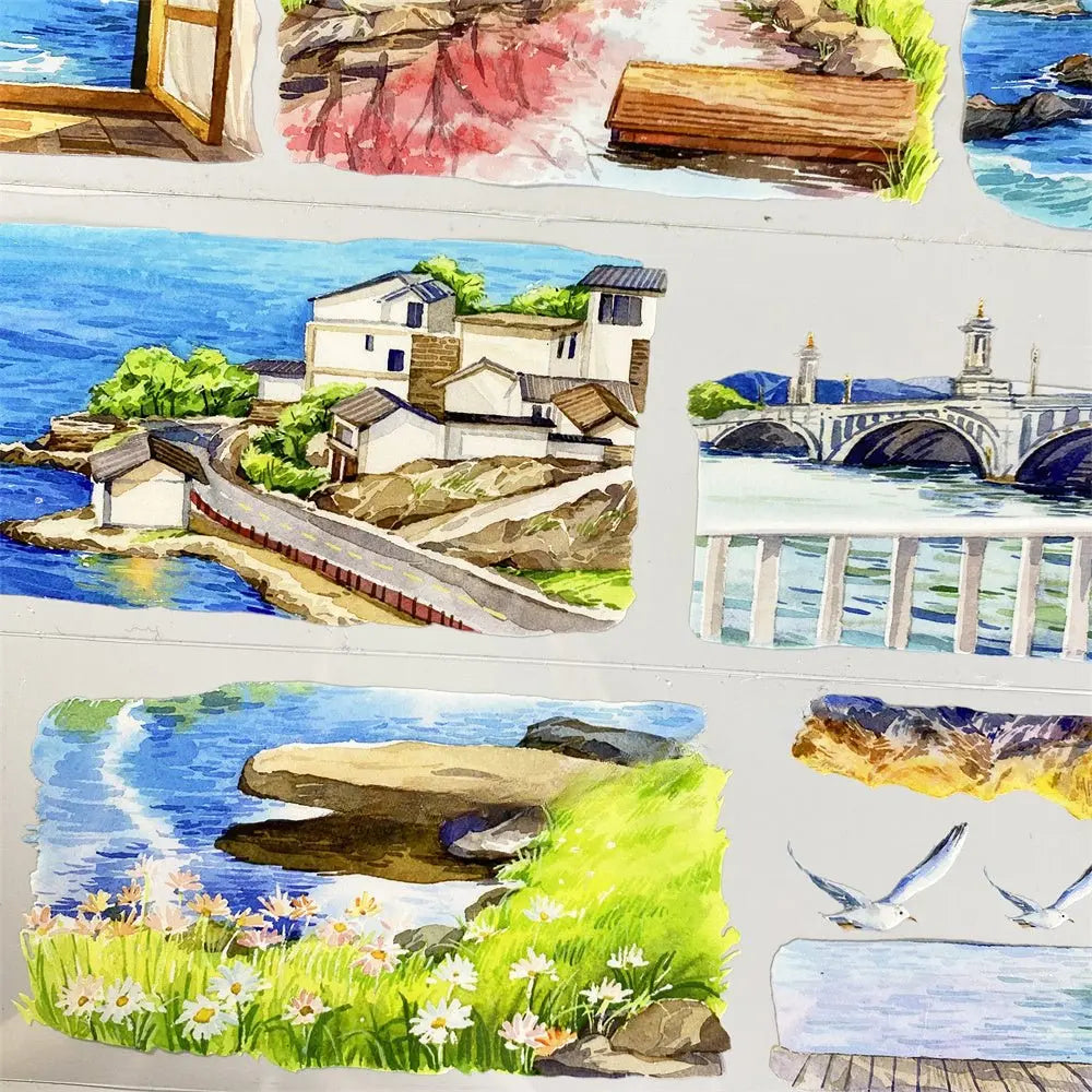 Island Scenery Coastal Village View PET Tape | Seaside Scenery for Journaling