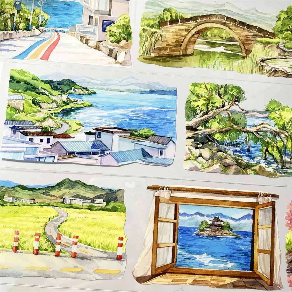 Island Scenery Coastal Village View PET Tape | Seaside Scenery for Journaling