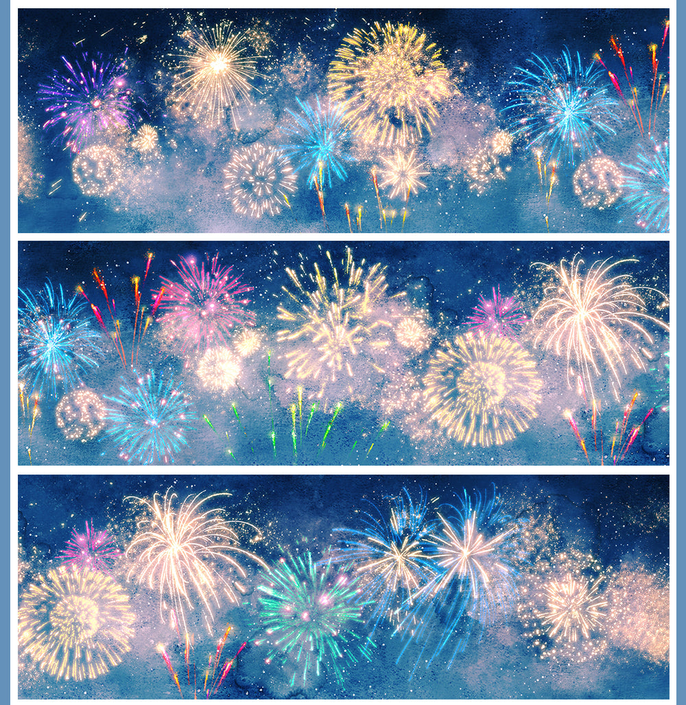 Collage of colorful fireworks against a blue sky