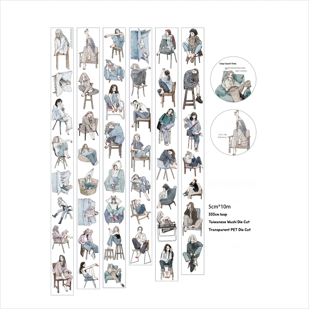 Charming Cozy Couch Time Character PET Tape showcasing stylish figures relaxing on sofas and chairs in modern outfits.