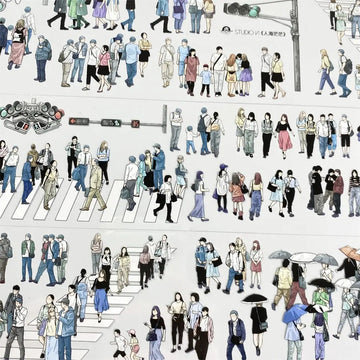 Urban pedestrians crossing streets and waiting at crosswalks with traffic lights on PET tape