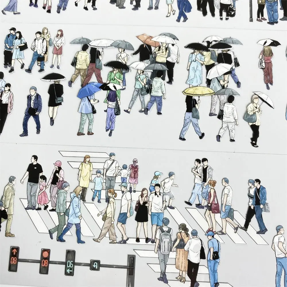 City crowd walking with umbrellas in rain and crossing zebra crosswalk on PET tape