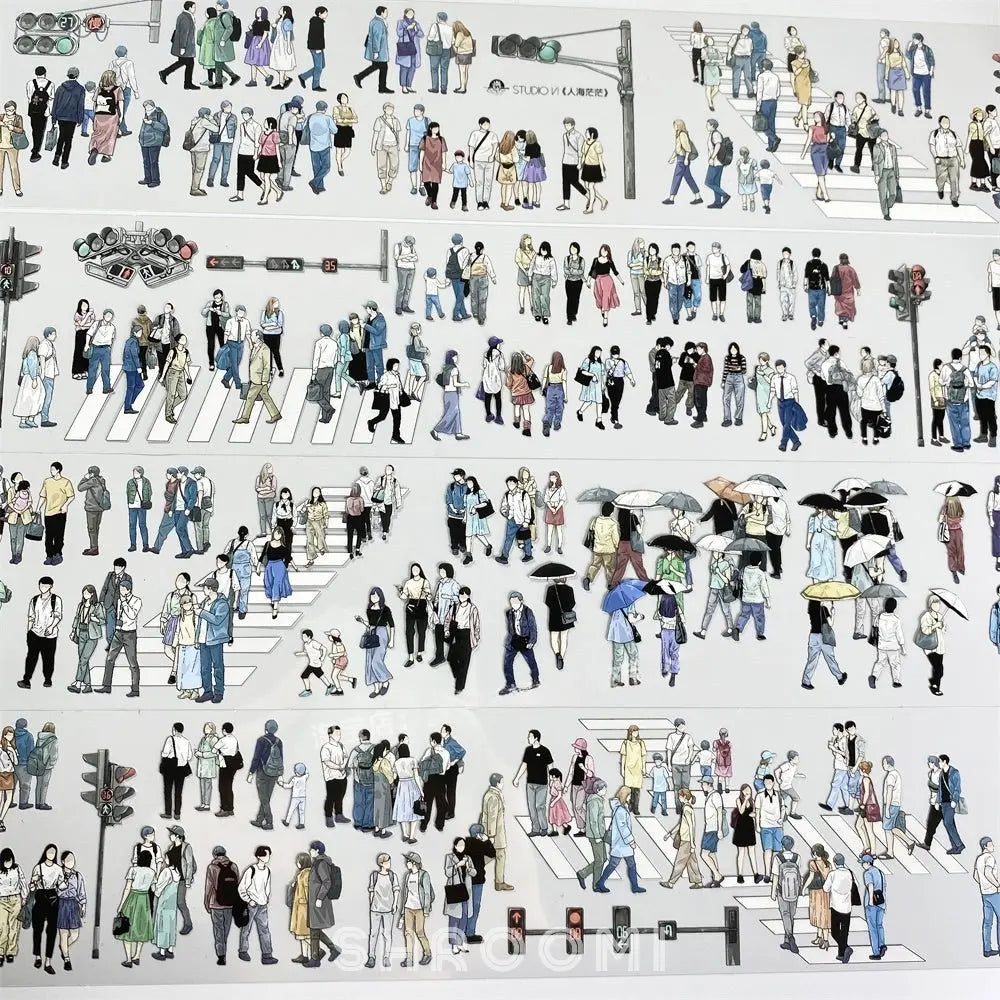 Full set of crosswalk crowd PET tape strips showing urban pedestrian scenes