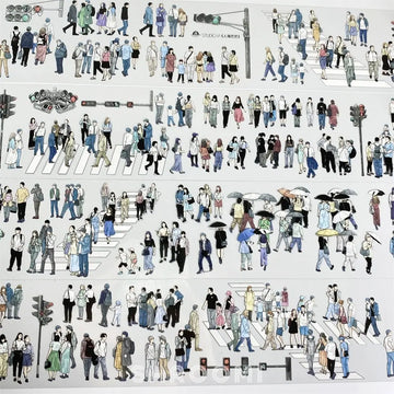 Full set of crosswalk crowd PET tape strips showing urban pedestrian scenes
